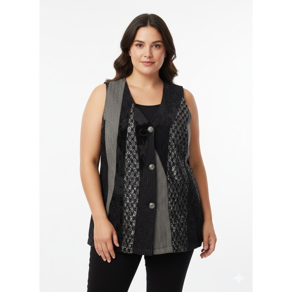 Ulla Popken Mixed Media Vest 20/22 Plus Velvet Metallic Paisley Lagenlook Art